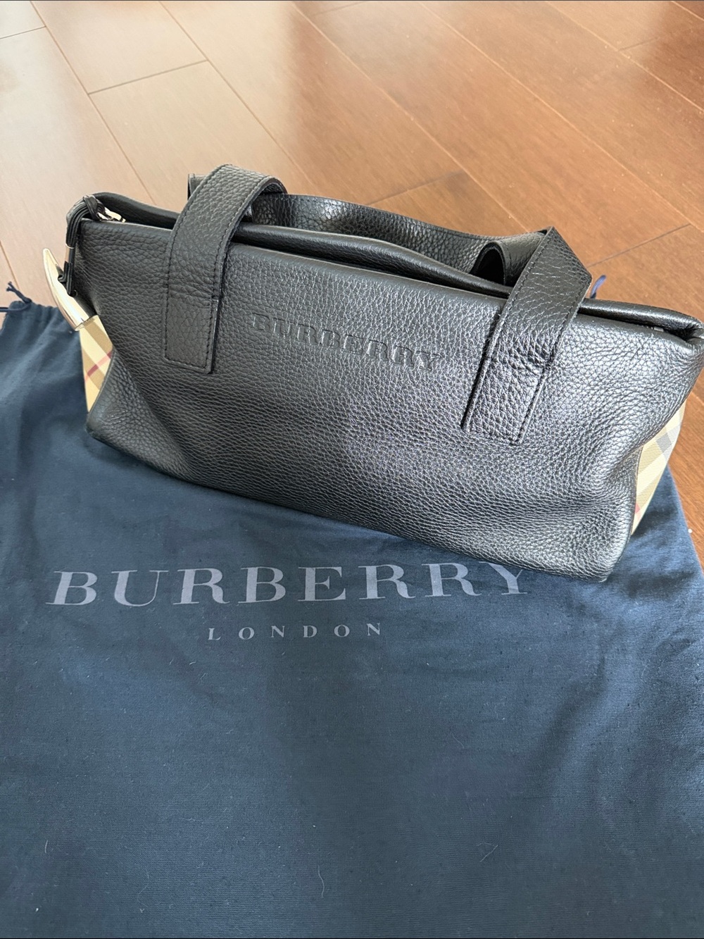 Burberry Black Leather Bag with Signature Check Sides